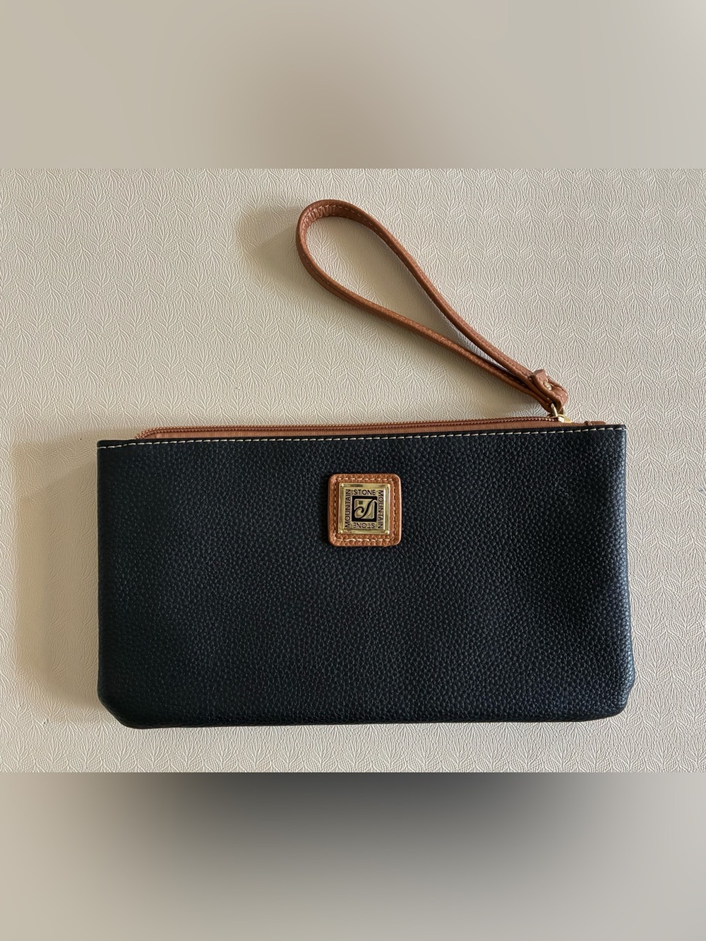 Stone Mountain Bonded Leather Wallet Wristlet Pouch Black with Brown Accent